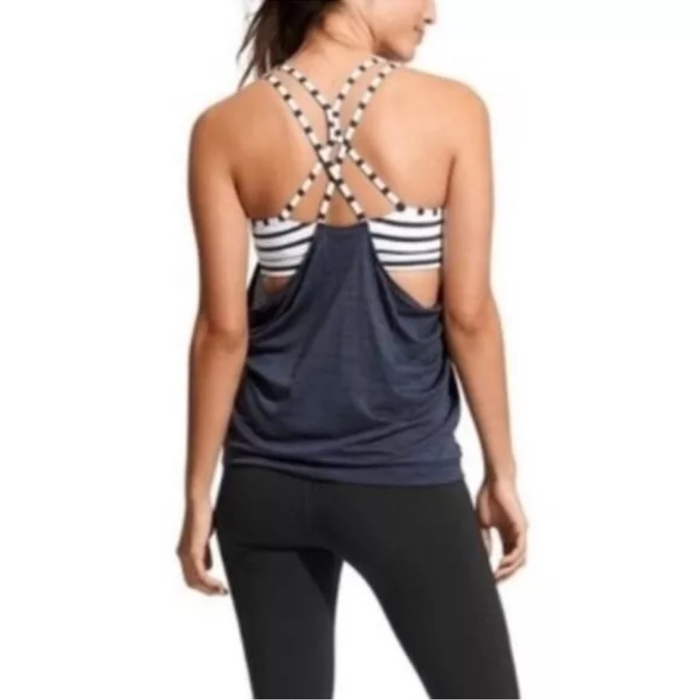 Athleta Navy Blue & White Hyper Stripe Energize Athletic Tank Top Small